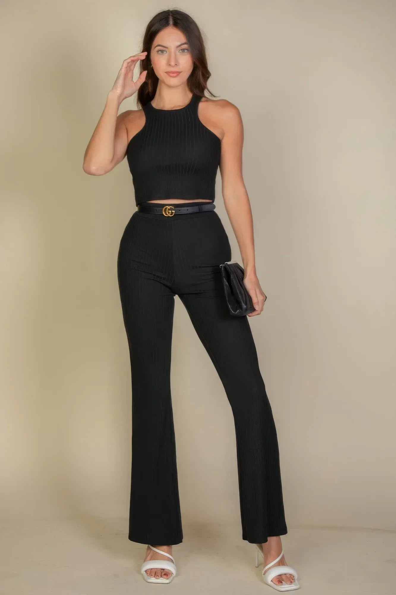 Ribbed Cropped Top And Bootcut Pants Sets | Mixtshop LLC Main image