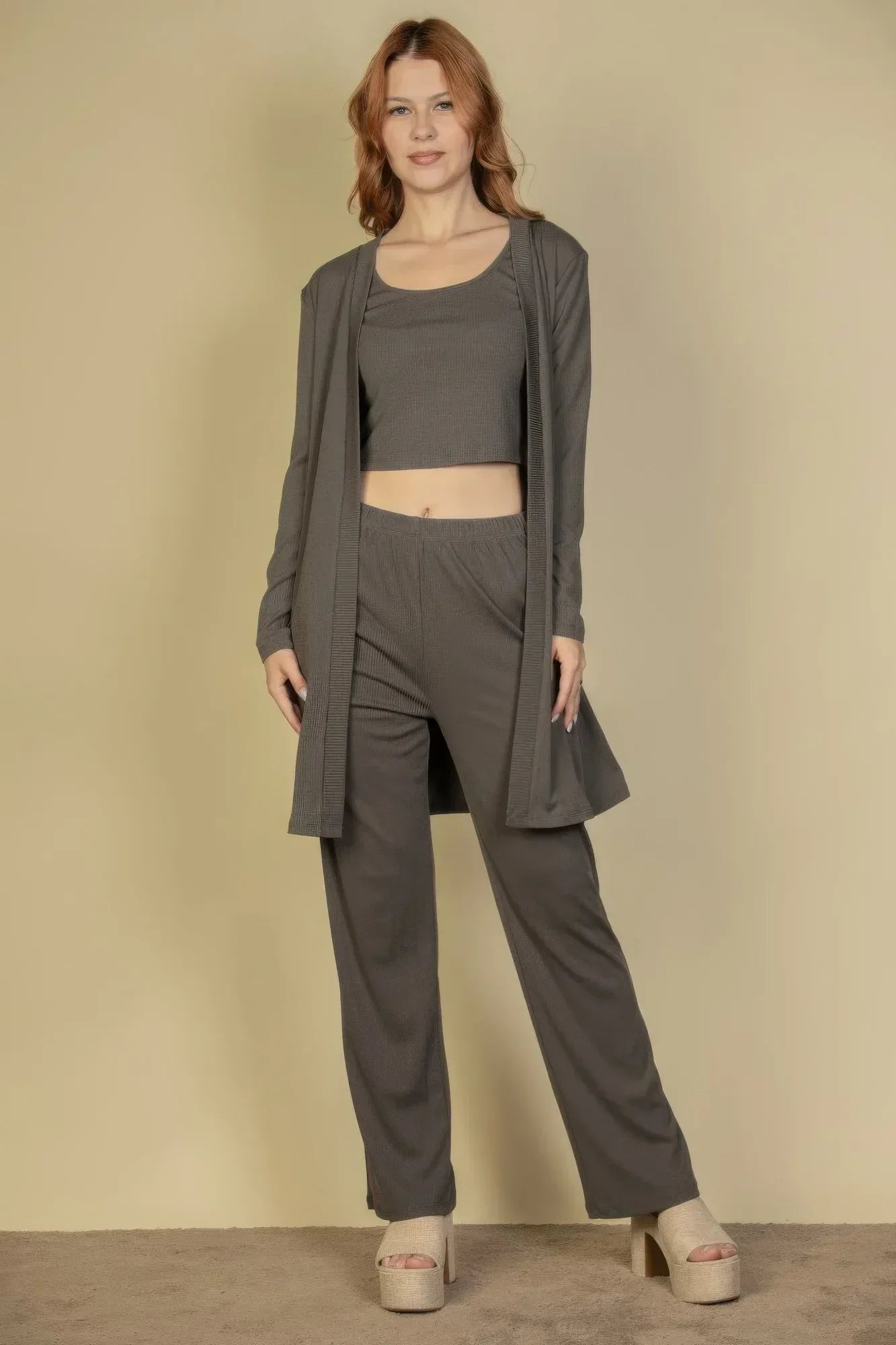 Flat Back Rib 3 Pieces Cami Top With Pants And Long Cardigan Set | Mixtshop LLC Main image