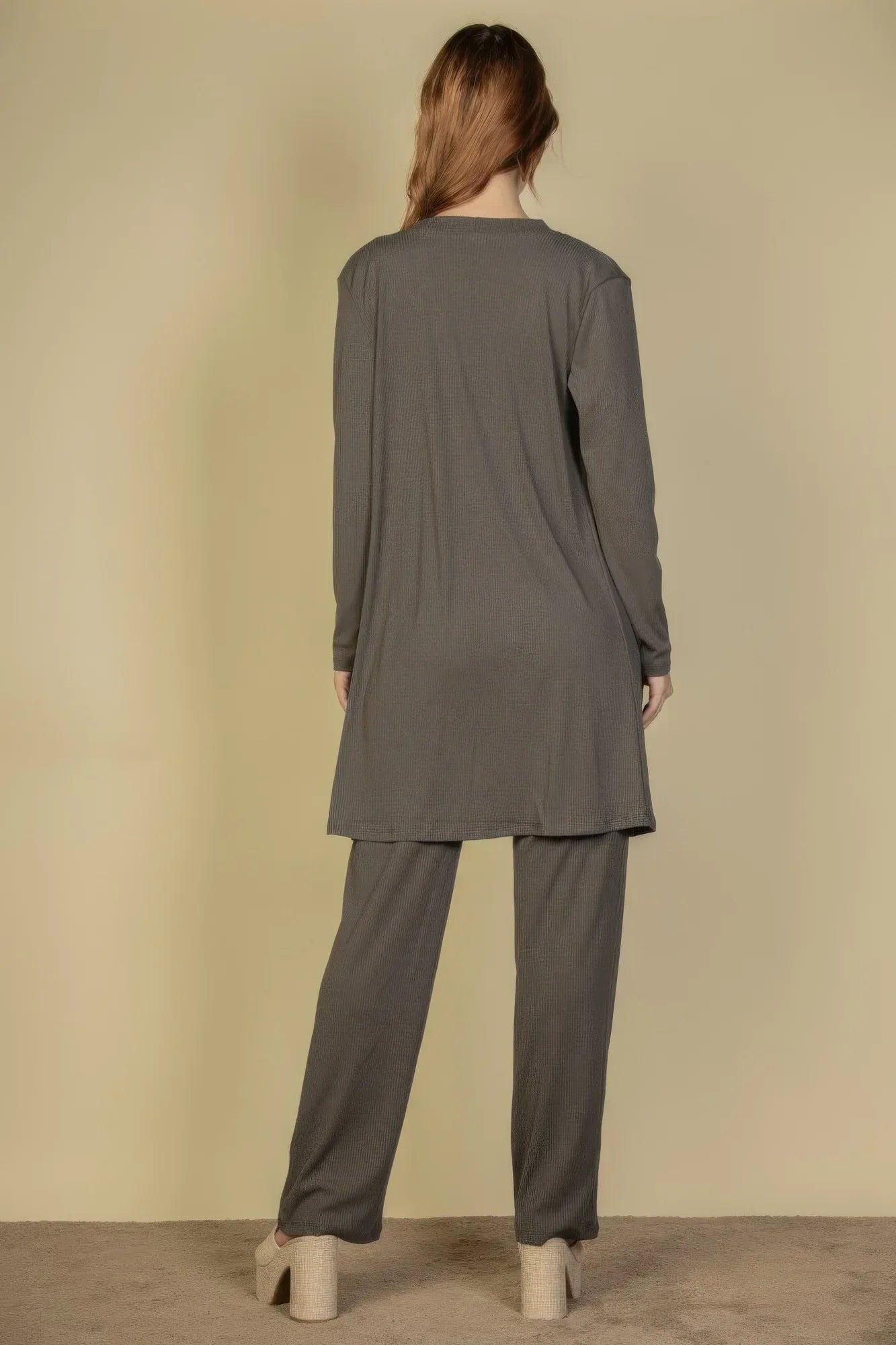 Flat Back Rib 3 Pieces Cami Top With Pants And Long Cardigan Set | Mixtshop LLC