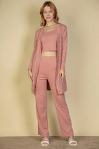 Flat Back Rib 3 Pieces Cami Top With Pants And Long Cardigan Set | Mixtshop LLC