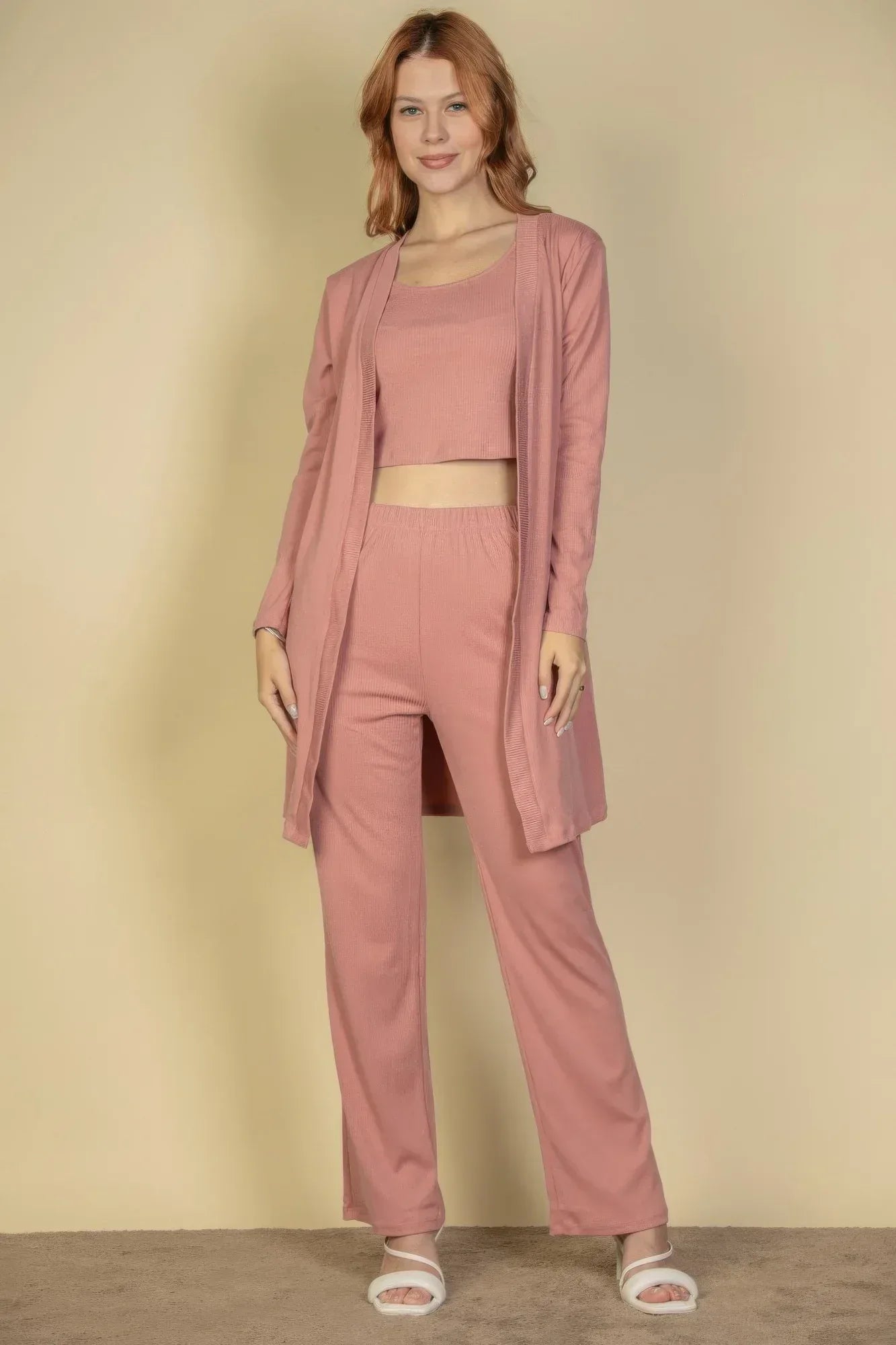 Flat Back Rib 3 Pieces Cami Top With Pants And Long Cardigan Set | Mixtshop LLC