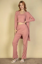 Flat Back Rib 3 Pieces Cami Top With Pants And Long Cardigan Set | Mixtshop LLC
