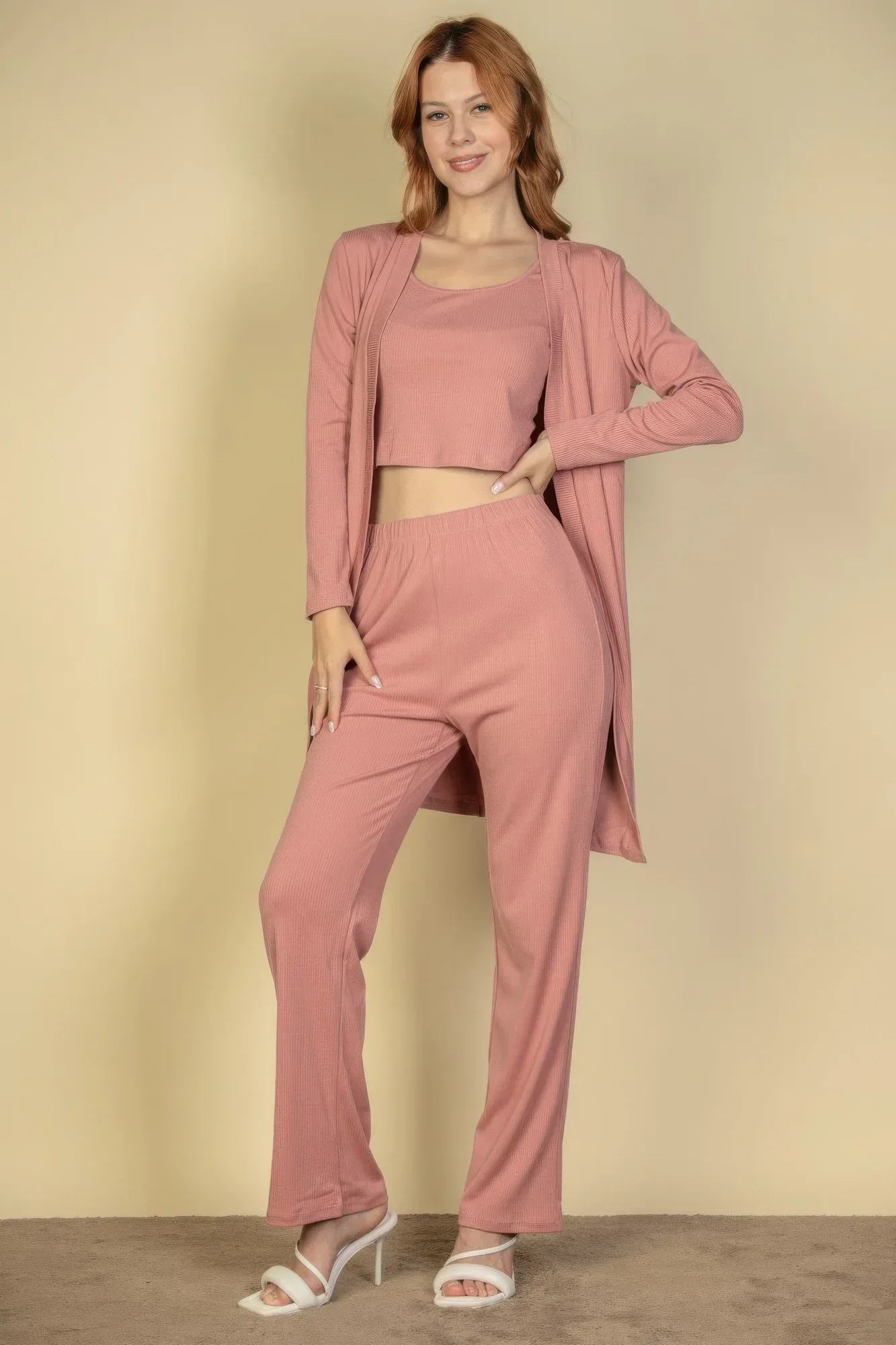 Flat Back Rib 3 Pieces Cami Top With Pants And Long Cardigan Set | Mixtshop LLC