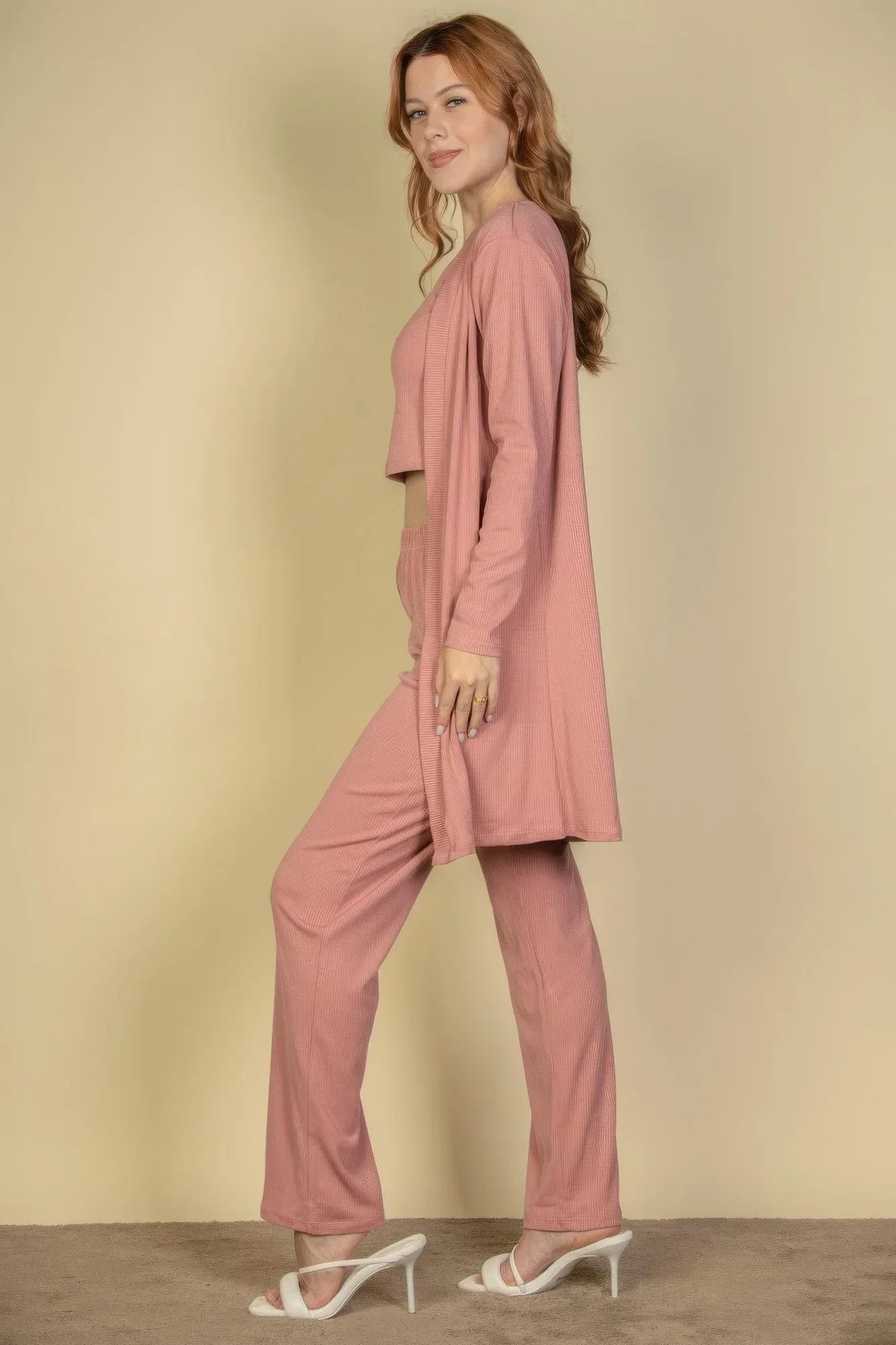 Flat Back Rib 3 Pieces Cami Top With Pants And Long Cardigan Set | Mixtshop LLC