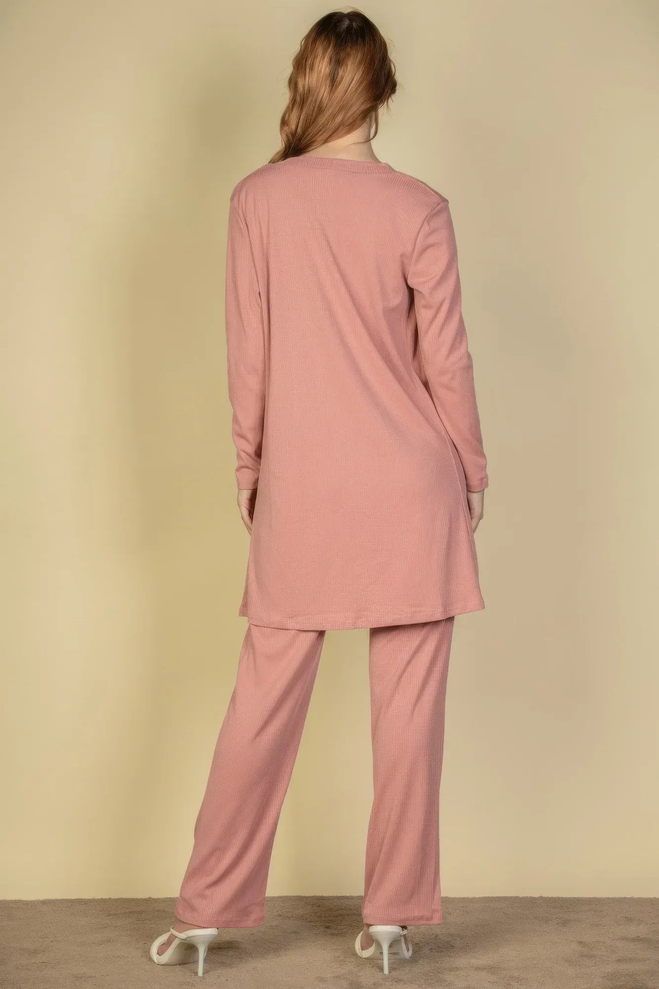 Flat Back Rib 3 Pieces Cami Top With Pants And Long Cardigan Set | Mixtshop LLC