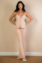 Split Front Backless Halter Top & Flare Pants Set | Mixtshop LLC