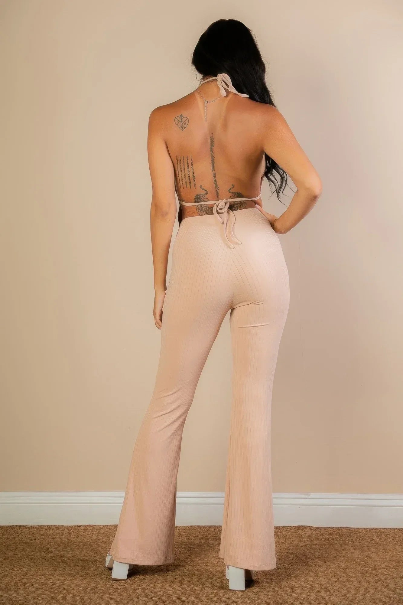 Split Front Backless Halter Top & Flare Pants Set | Mixtshop LLC