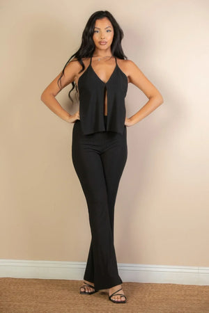 Split Front Backless Halter Top & Flare Pants Set | Mixtshop LLC