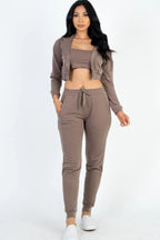 French Terry Cropped Cami With Zip-up Jacket And Joggers Set | Mixtshop LLC