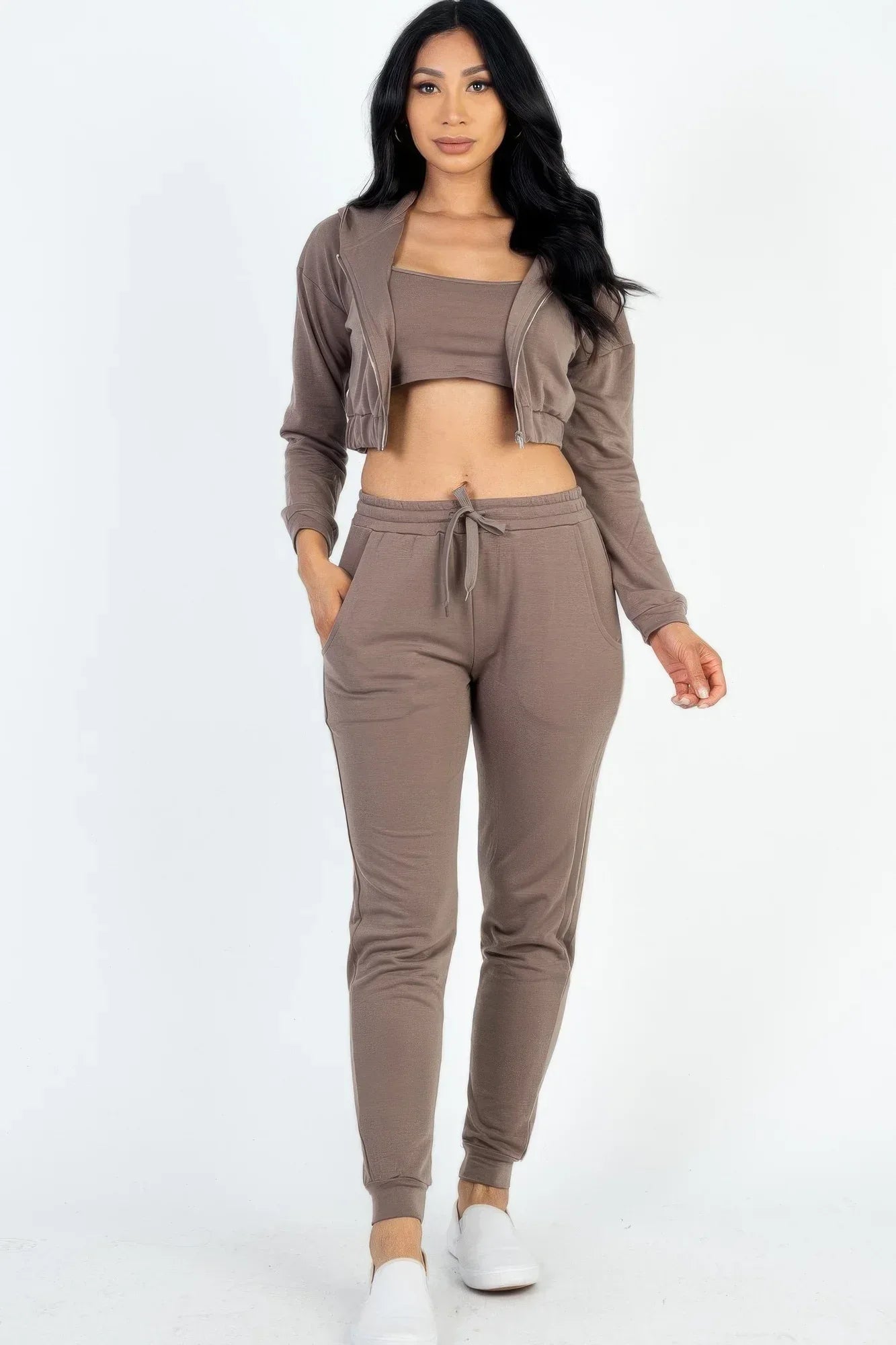 French Terry Cropped Cami With Zip-up Jacket And Joggers Set | Mixtshop LLC