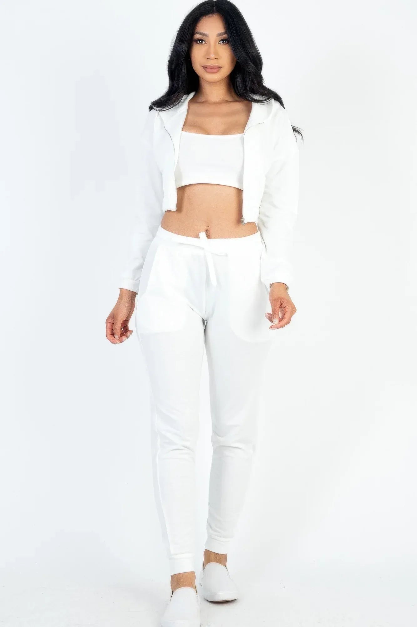 French Terry Cropped Cami With Zip-up Jacket And Joggers Set | Mixtshop LLC