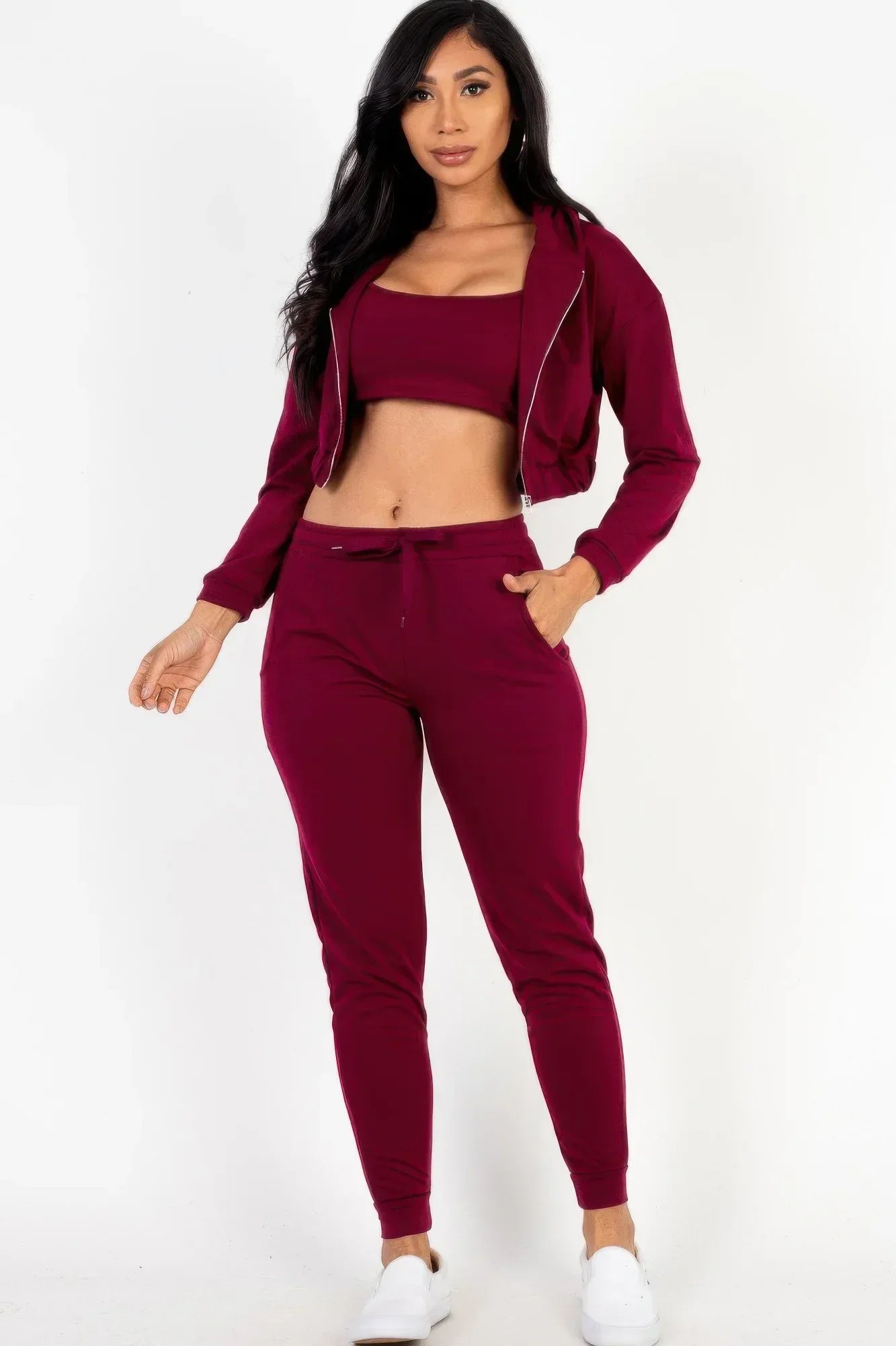 French Terry Cropped Cami With Zip-up Jacket And Joggers Set | Mixtshop LLC