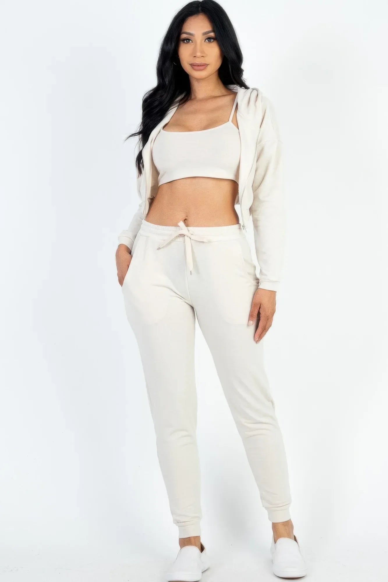 French Terry Cropped Cami With Zip-up Jacket And Joggers Set | Mixtshop LLC