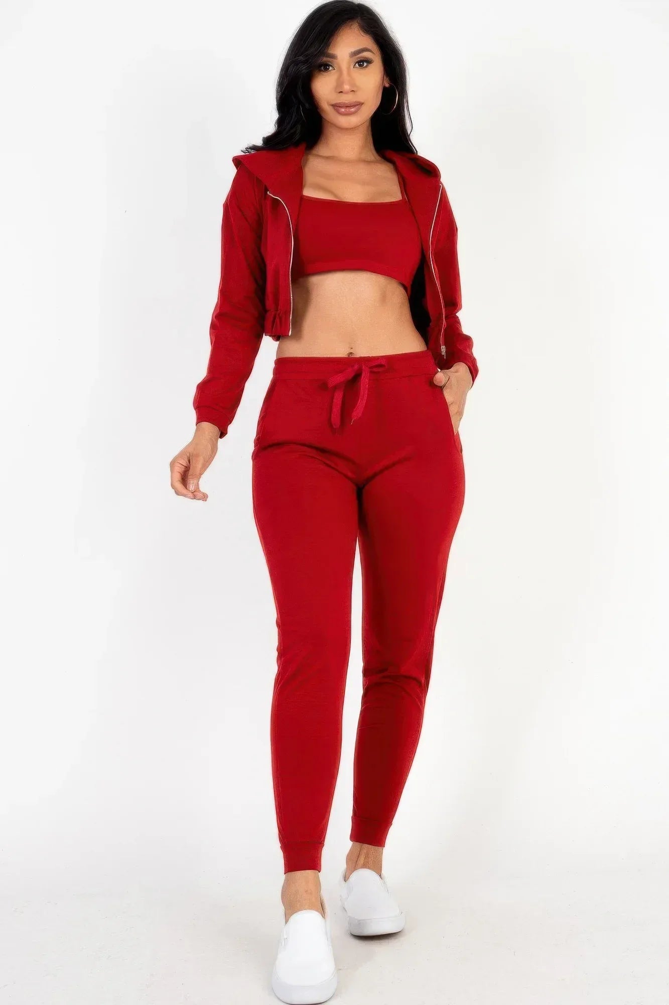 French Terry Cropped Cami With Zip-up Jacket And Joggers Set | Mixtshop LLC