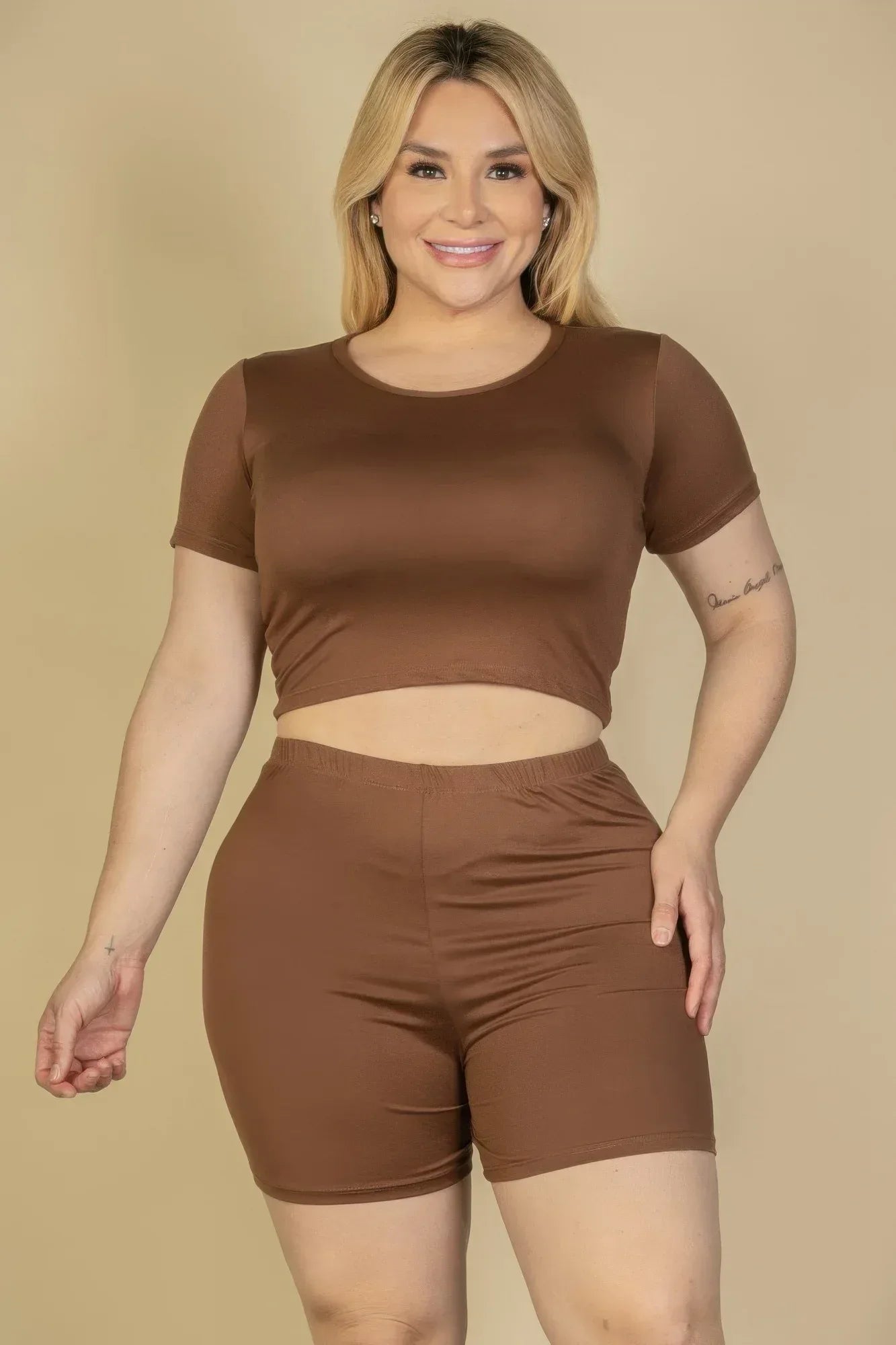 Plus Size Short Sleeve Crop Top & Shorts Set | Mixtshop LLC Main image