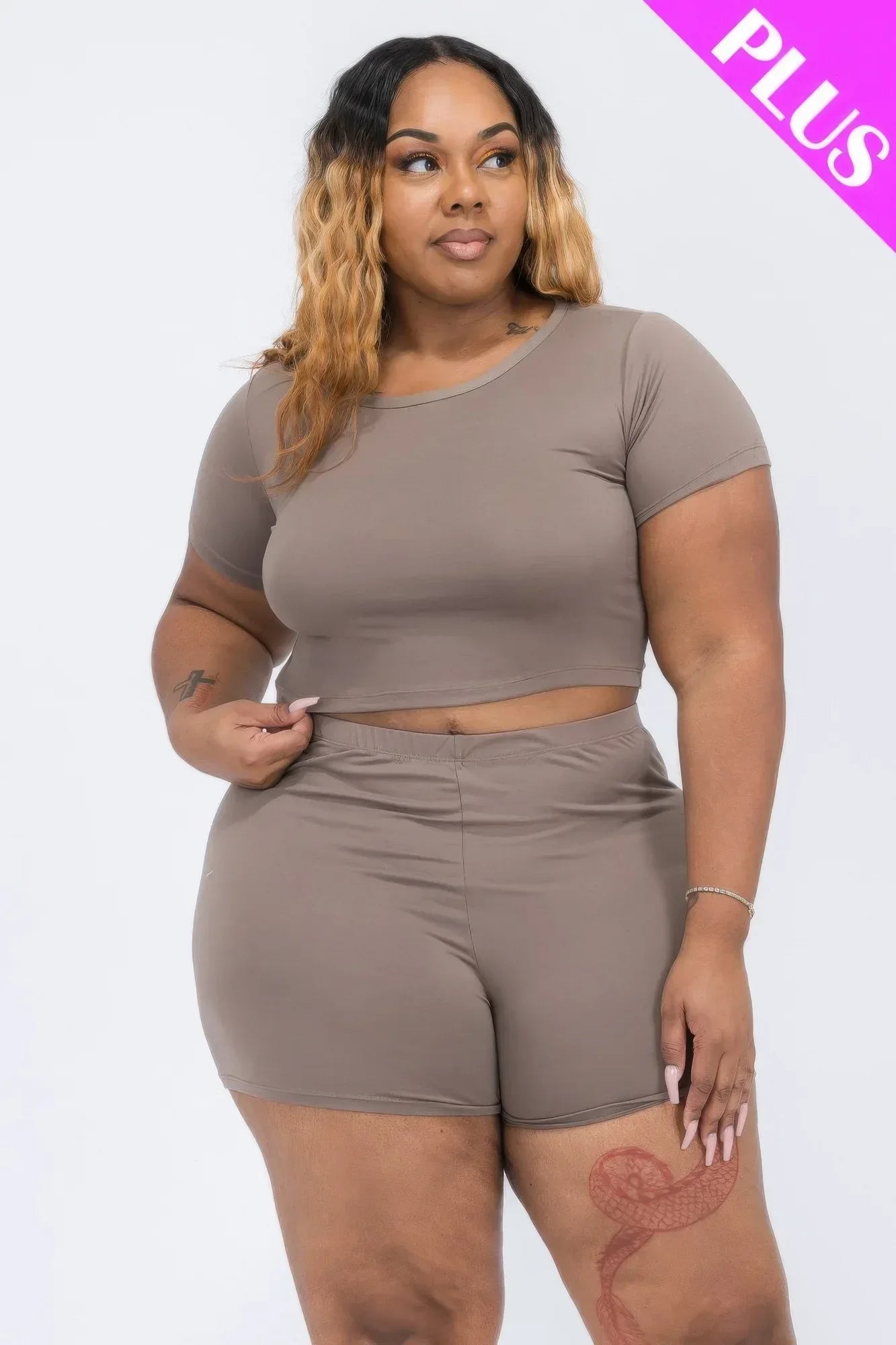 Plus Size Short Sleeve Crop Top & Shorts Set | Mixtshop LLC