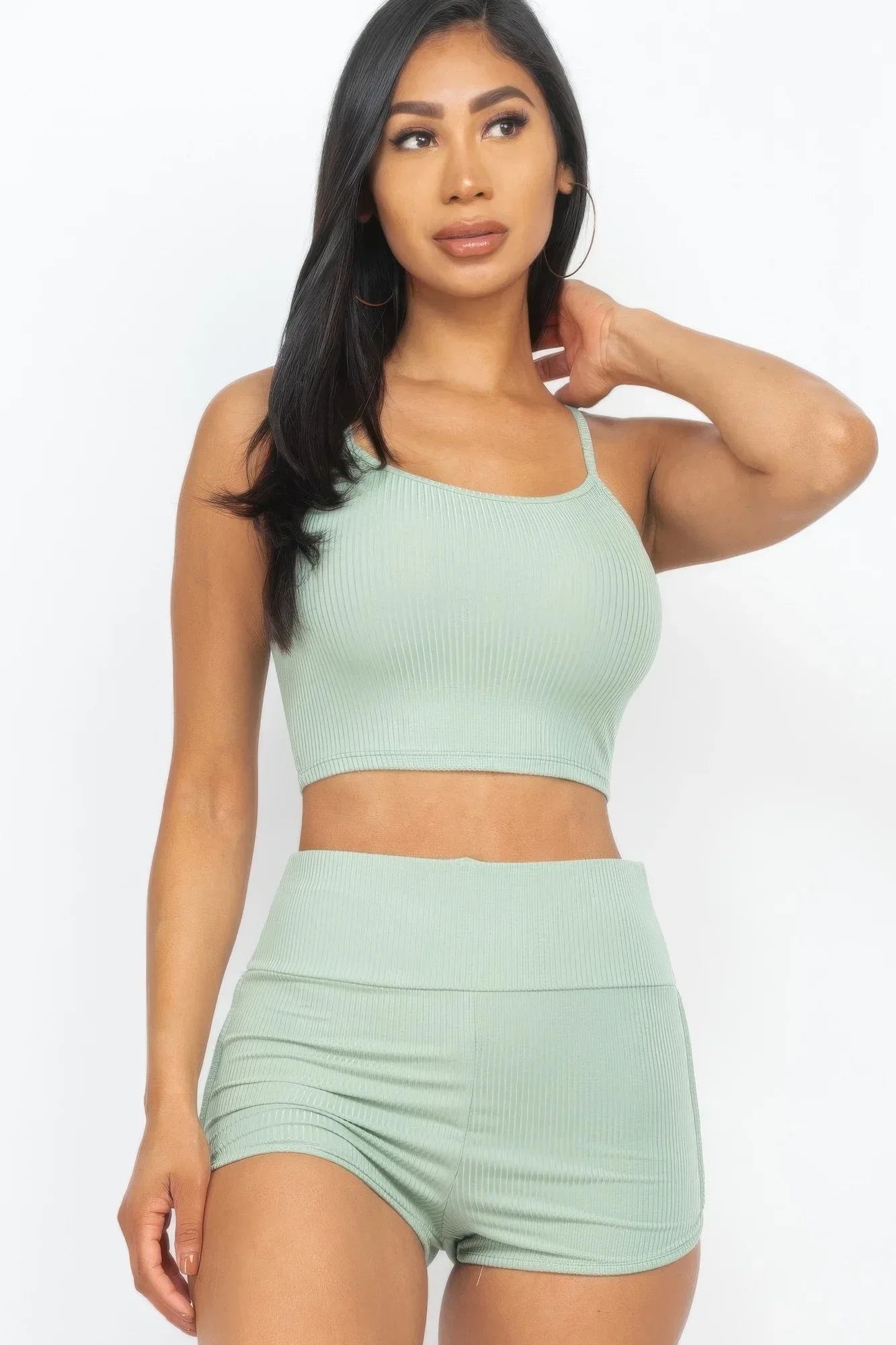 Ribbed Cami Crop Top & Ruched Shorts Set | Mixtshop LLC