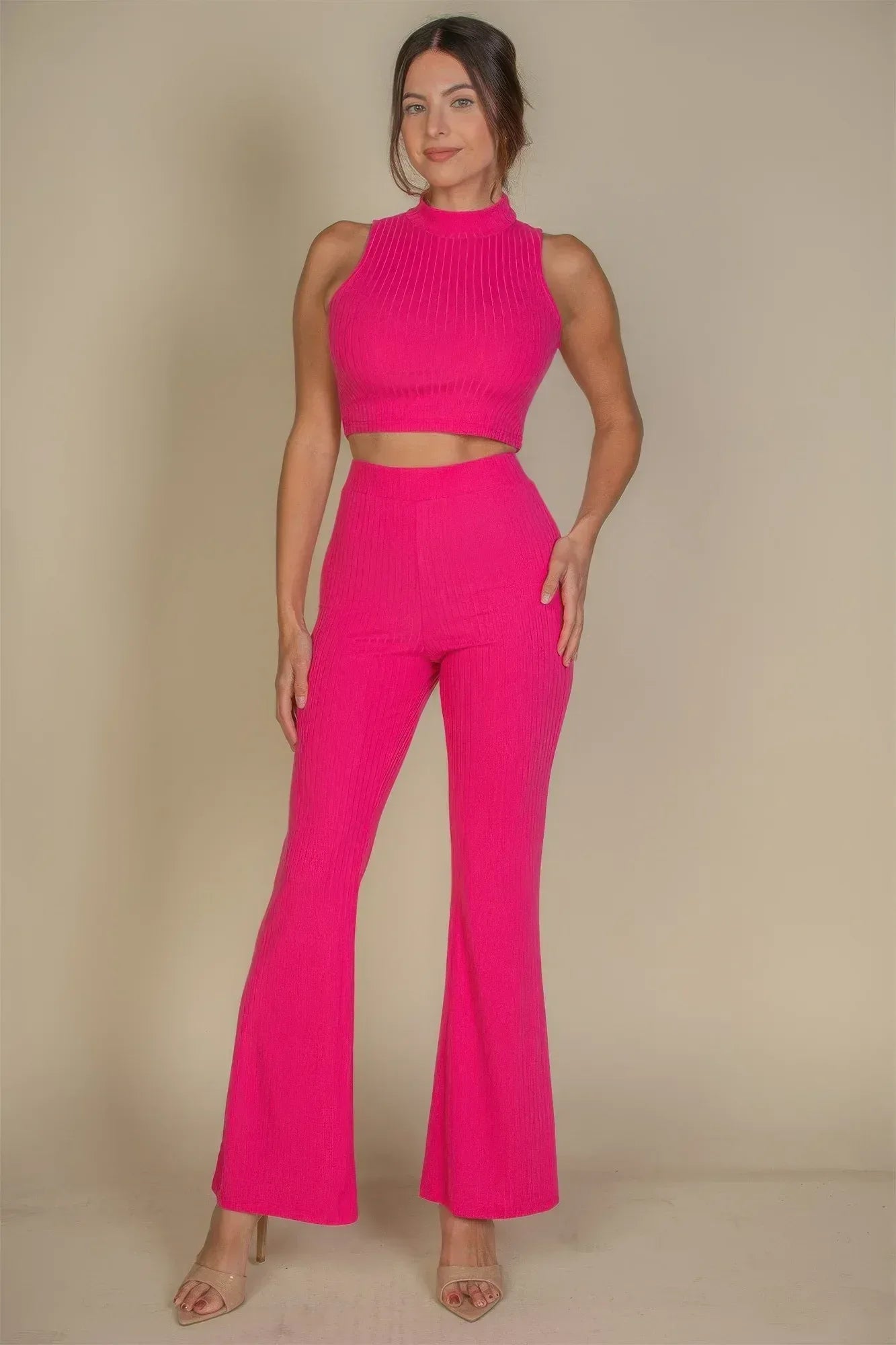 Ribbed Mock Neck Crop Tank Top & Bootcut Pants Set | Mixtshop LLC Main image