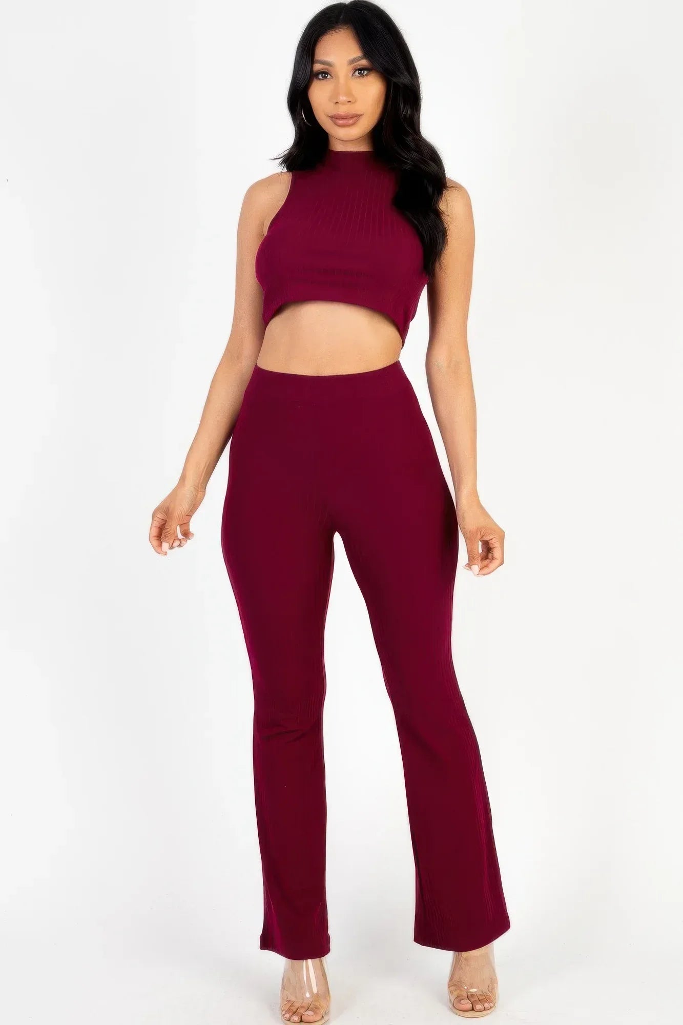 Ribbed Mock Neck Crop Tank Top & Bootcut Pants Set | Mixtshop LLC