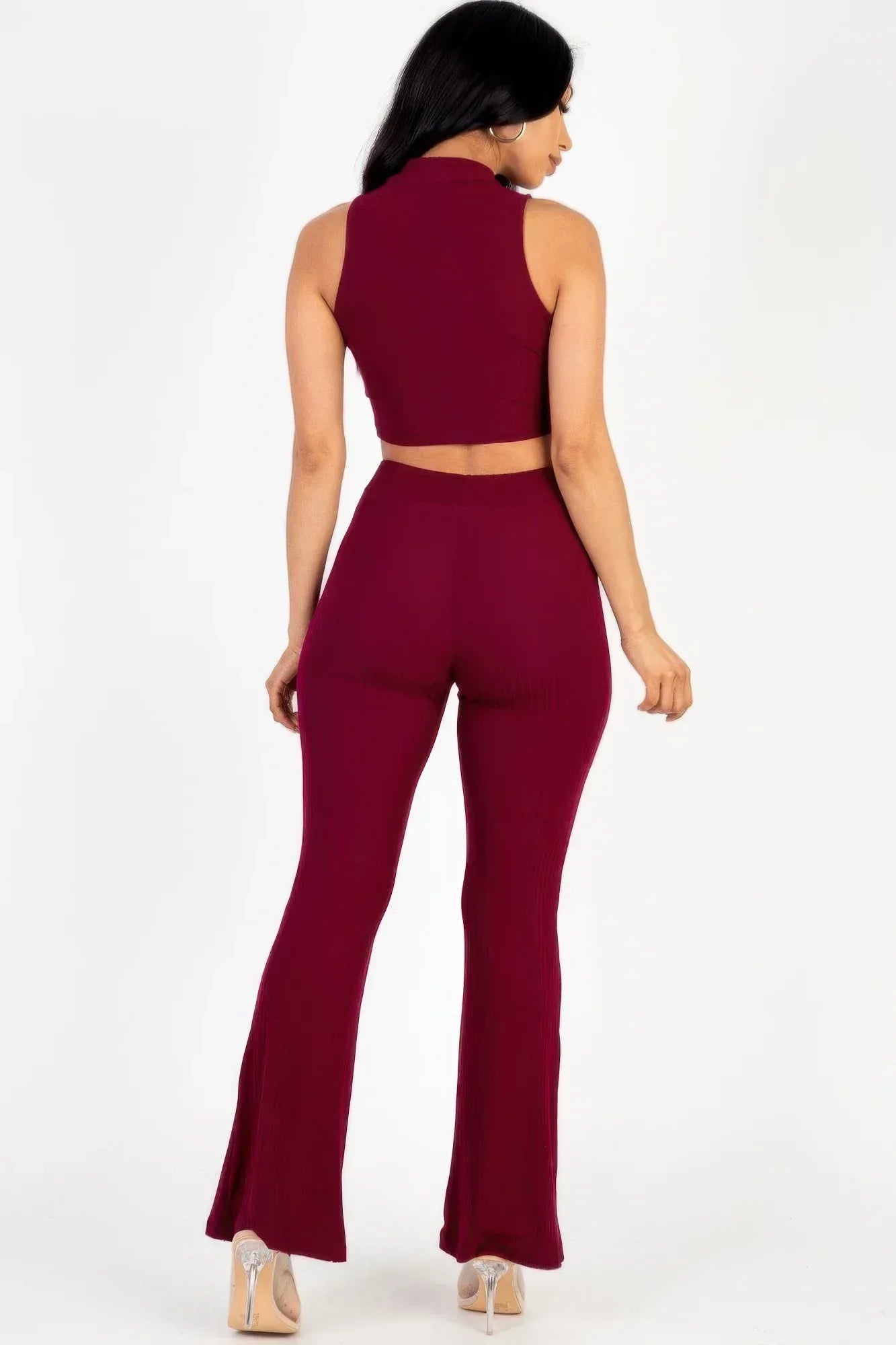 Ribbed Mock Neck Crop Tank Top & Bootcut Pants Set | Mixtshop LLC