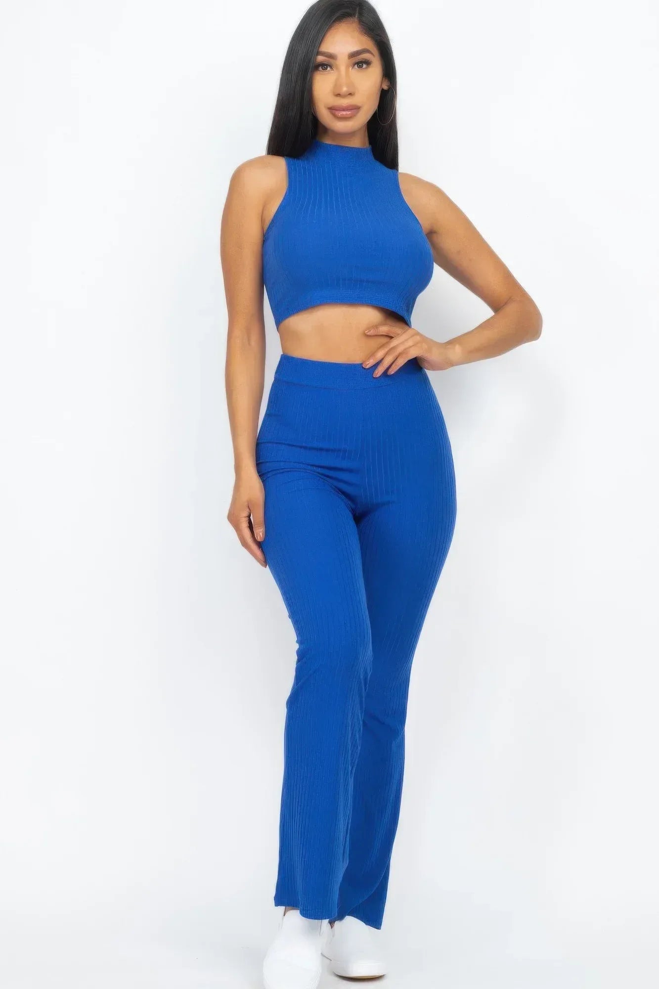 Ribbed Mock Neck Crop Tank Top & Bootcut Pants Set | Mixtshop LLC