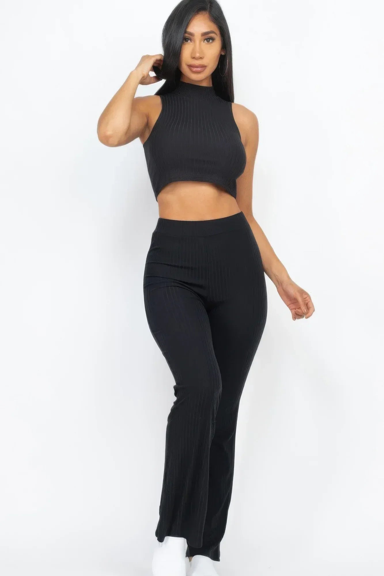 Ribbed Mock Neck Crop Tank Top & Bootcut Pants Set | Mixtshop LLC