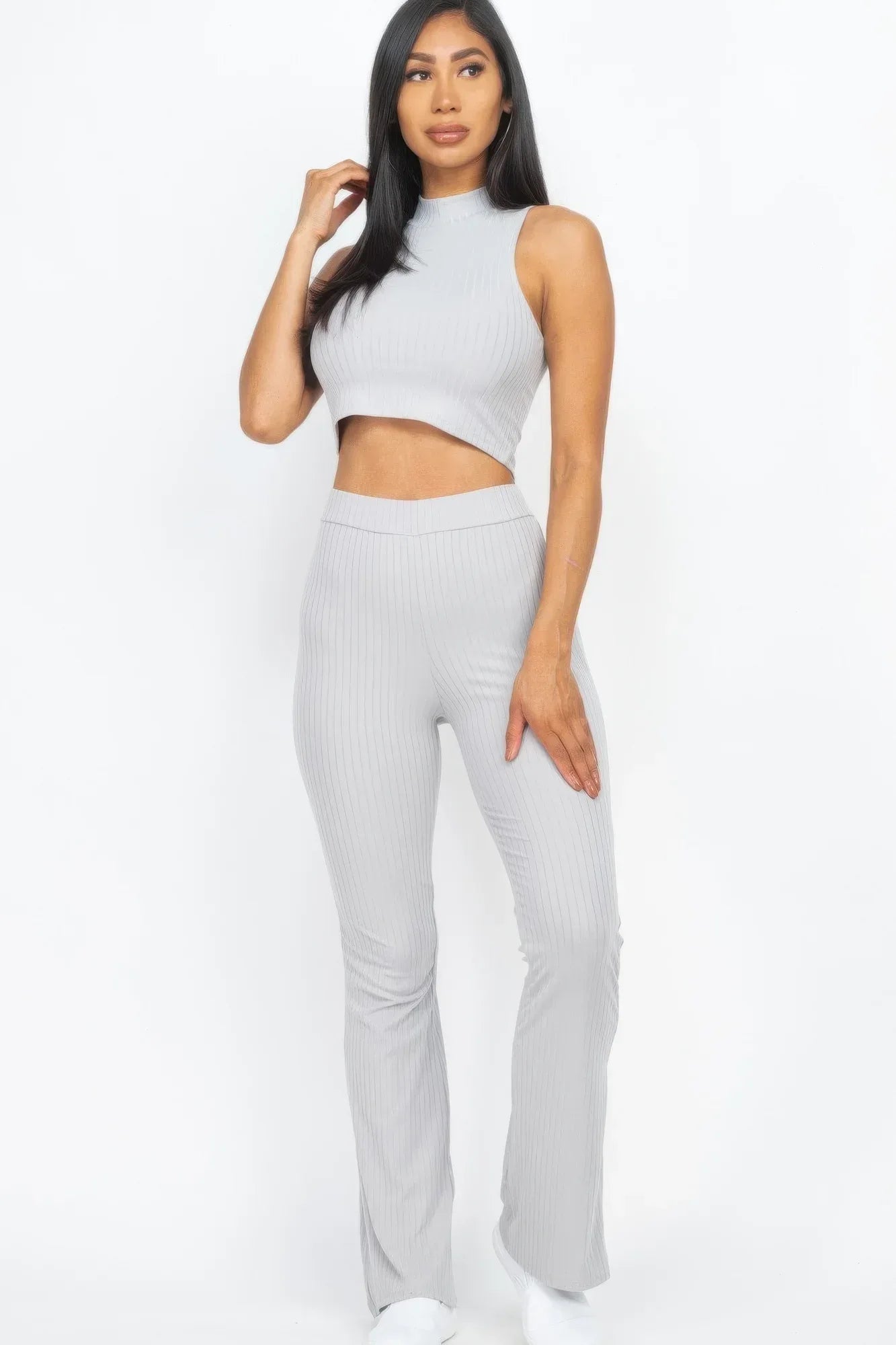 Ribbed Mock Neck Crop Tank Top & Bootcut Pants Set | Mixtshop LLC