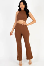 Ribbed Mock Neck Crop Tank Top & Bootcut Pants Set | Mixtshop LLC