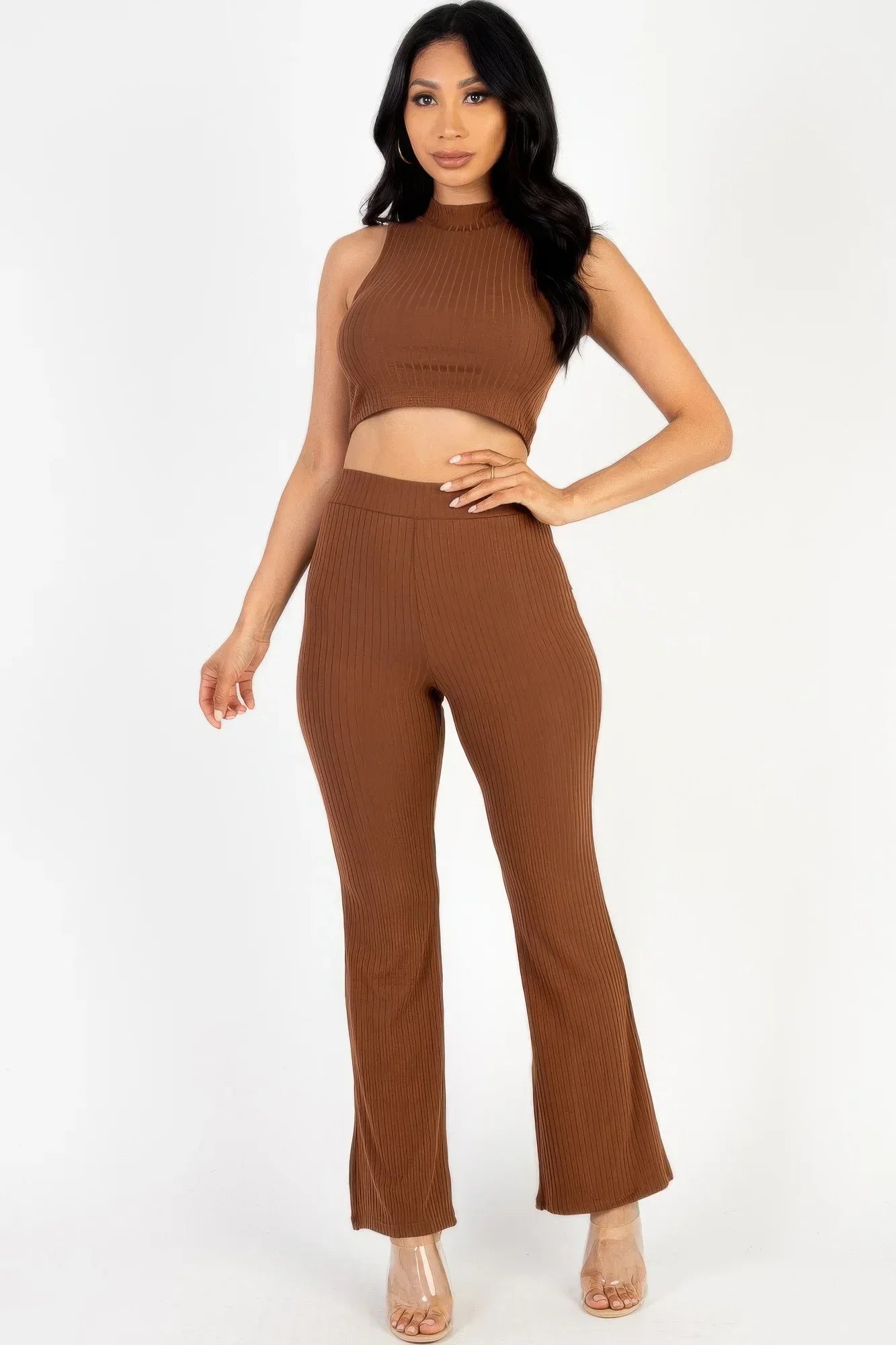 Ribbed Mock Neck Crop Tank Top & Bootcut Pants Set | Mixtshop LLC