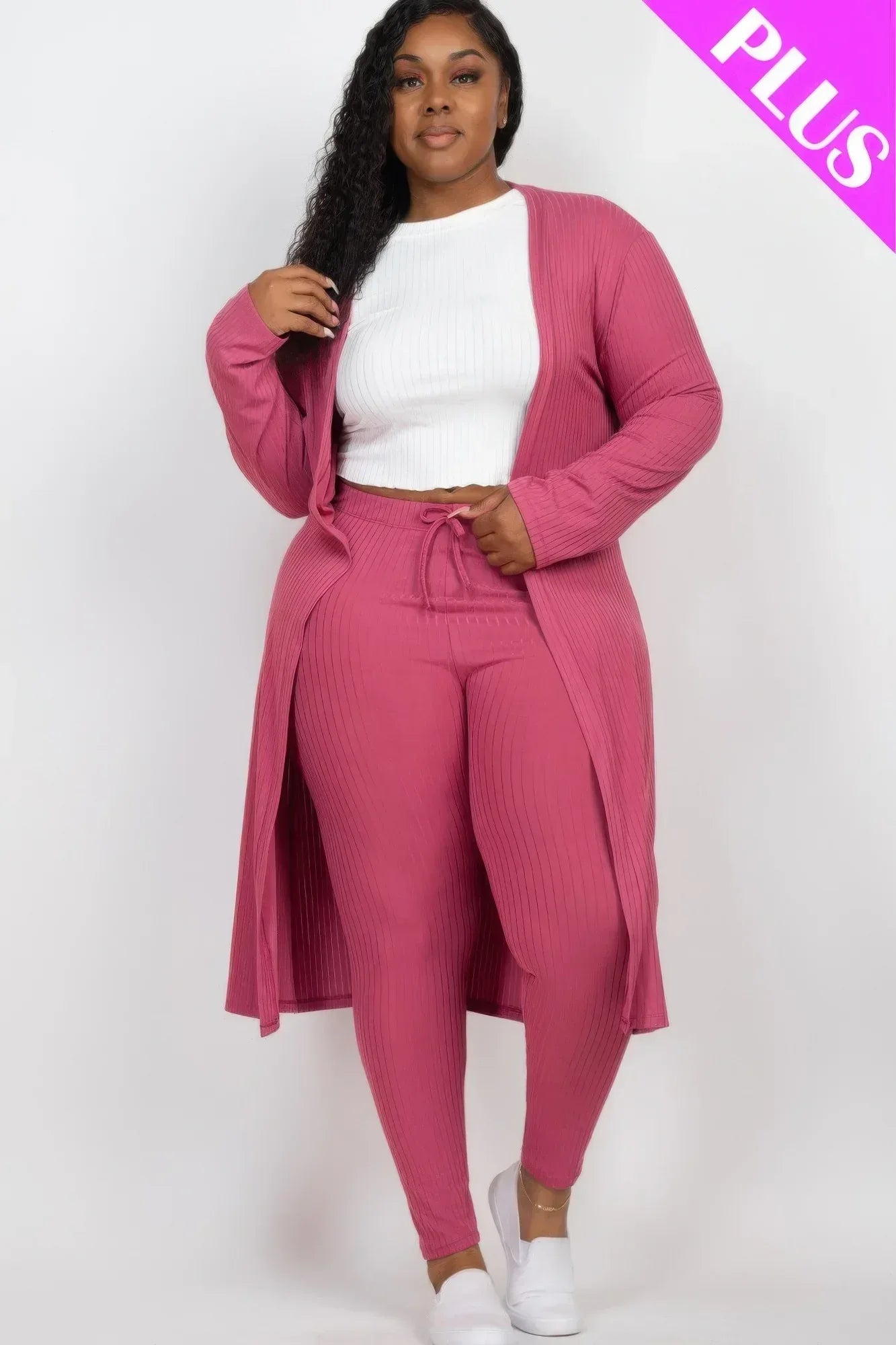 Plus Size Ribbed Long Cardigan & Leggings Set Secondary image