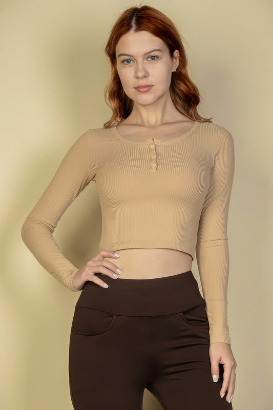 Ribbed Button Up Long Sleeve Crop Top | Mixtshop LLC