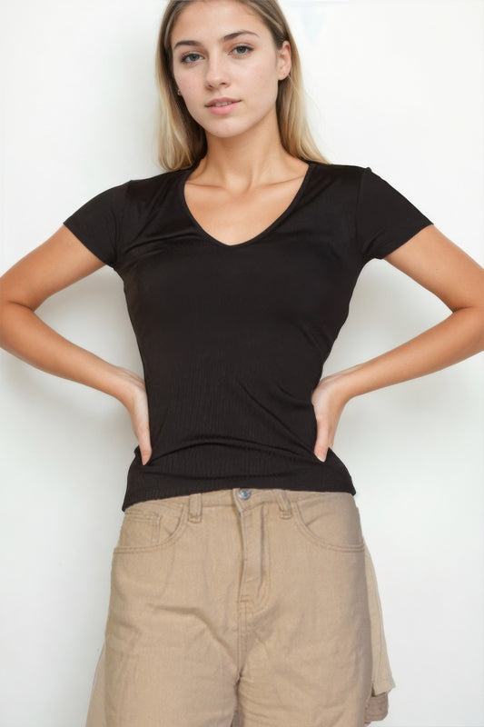 Ribbed V-neck Short Sleeve Top | Mixtshop LLC