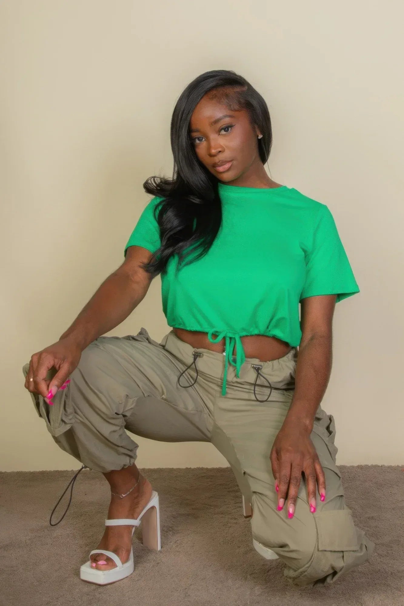 Tie Front Drawstring Short Sleeve Crop Top | Mixtshop LLC Main image