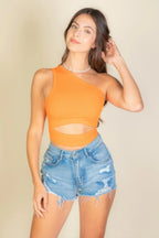 Ribbed Knit Cut Out One Shoulder Crop Top | Mixtshop LLC