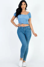 Casual Ruched Puff Sleeve Ribbed Knit Solid Top | Mixtshop LLC