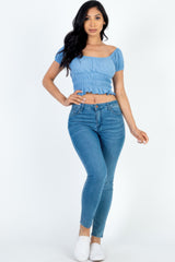 Casual Ruched Puff Sleeve Ribbed Knit Solid Top | Mixtshop LLC