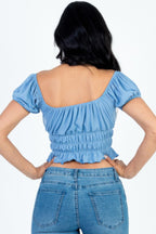 Casual Ruched Puff Sleeve Ribbed Knit Solid Top | Mixtshop LLC