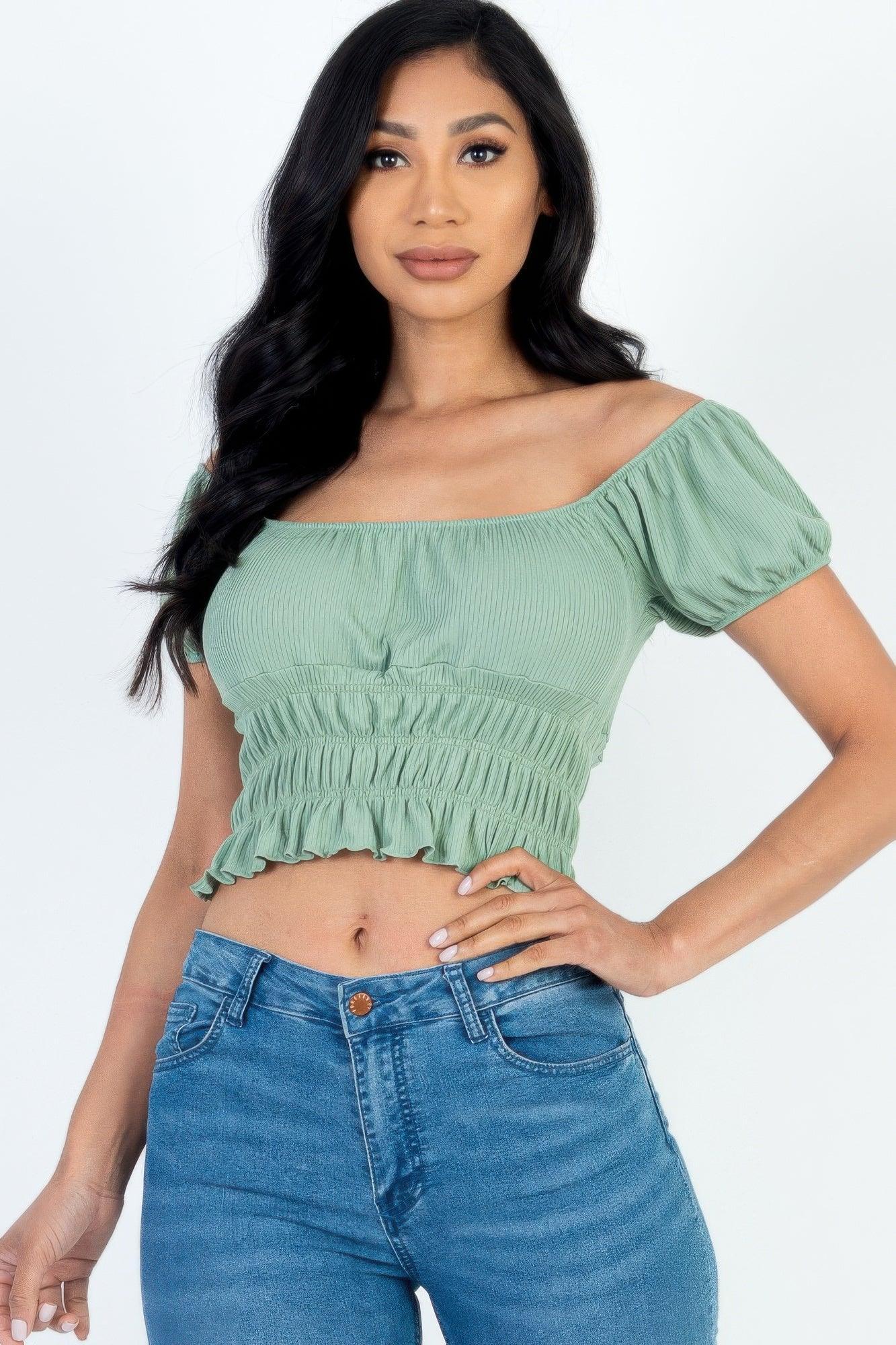 Casual Ruched Puff Sleeve Ribbed Knit Solid Top | Mixtshop LLC