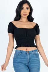 Casual Ruched Puff Sleeve Ribbed Knit Solid Top | Mixtshop LLC