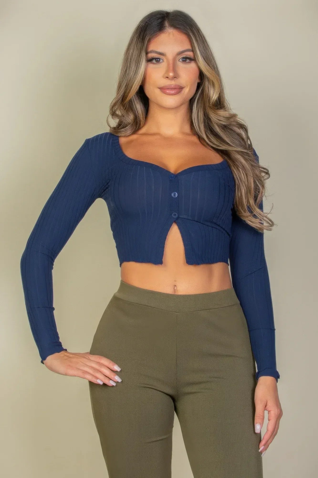 Ribbed Button Front Split Long Sleeve Top | Mixtshop LLC Main image