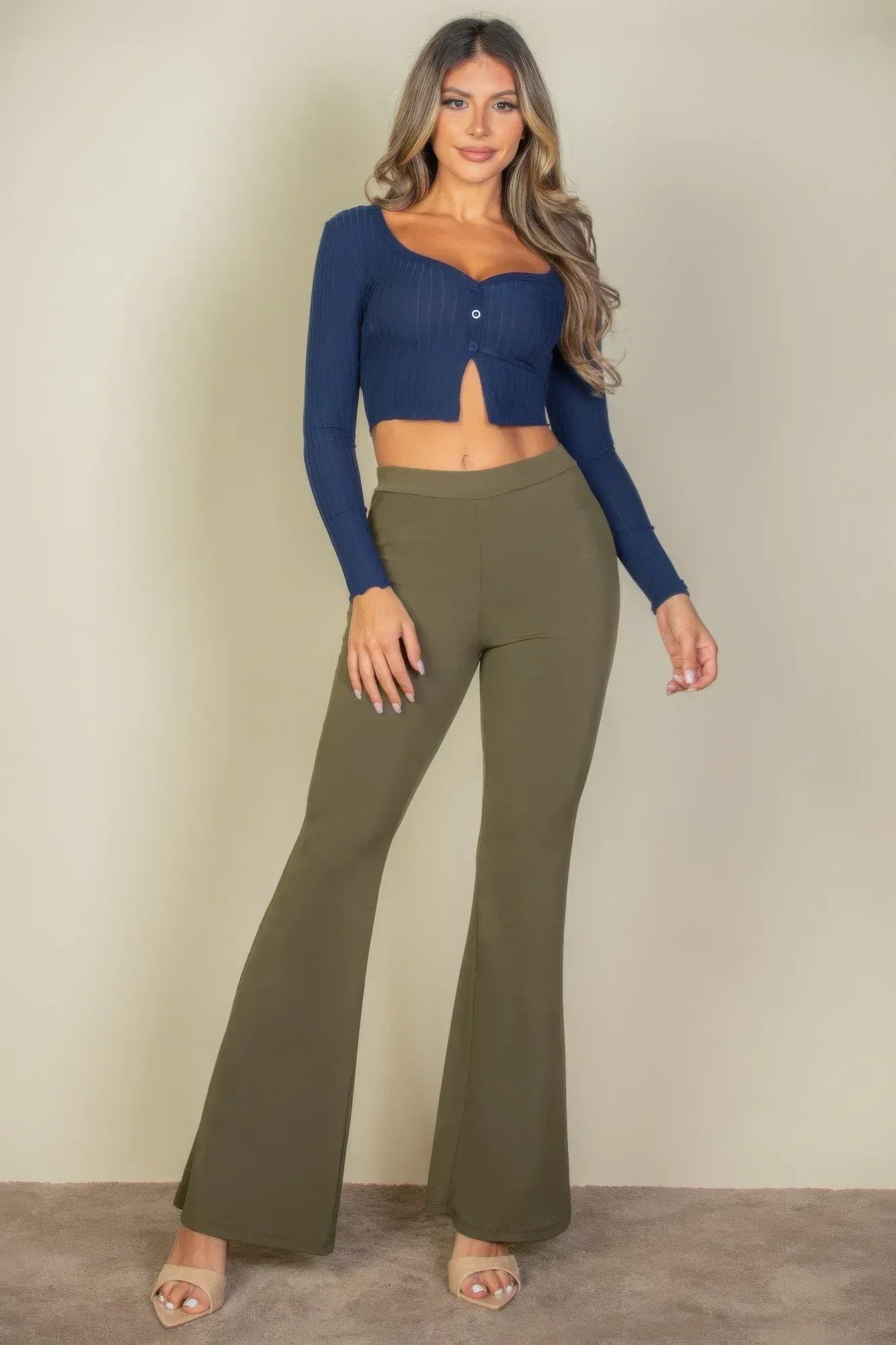 Ribbed Button Front Split Long Sleeve Top Secondary image