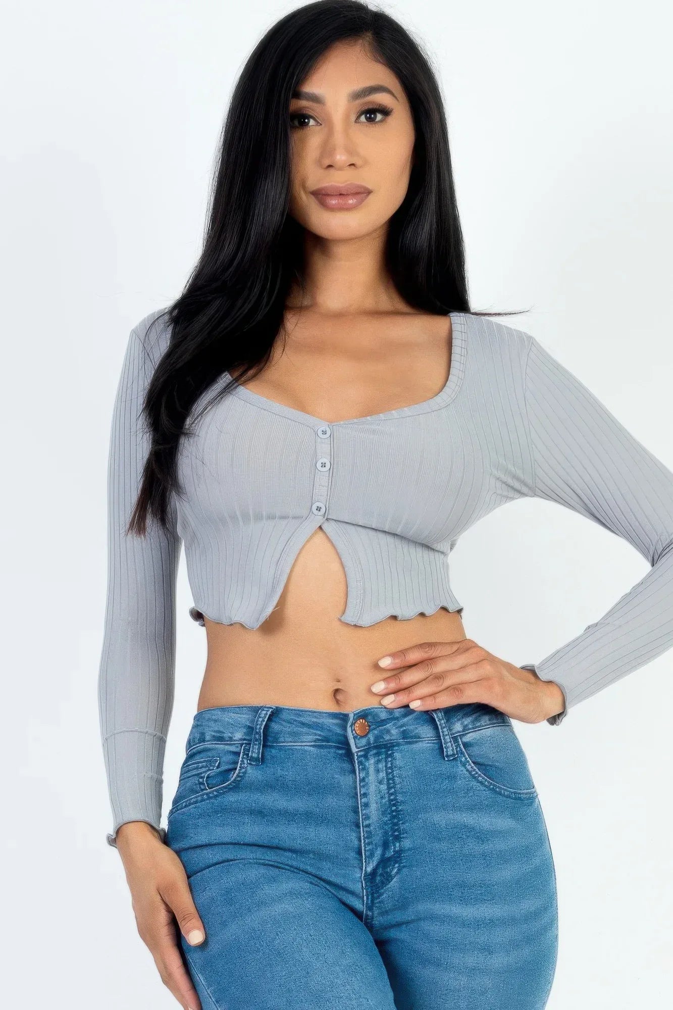 Ribbed Button Front Split Long Sleeve Top | Mixtshop LLC