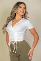 Ribbed Ruched Drawstring Surplice Top | Mixtshop LLC