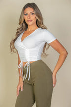 Ribbed Ruched Drawstring Surplice Top | Mixtshop LLC