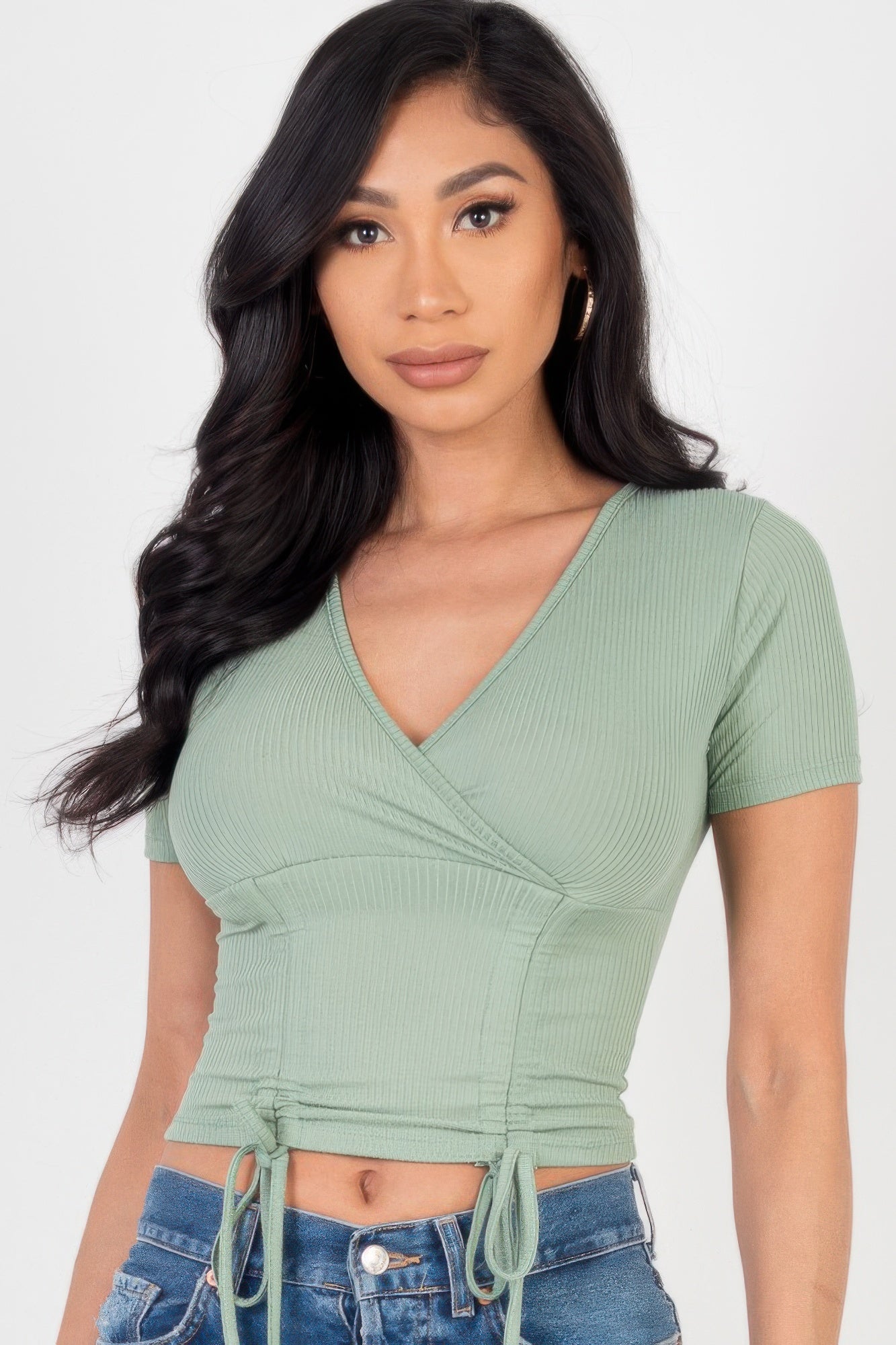 Ribbed Ruched Drawstring Surplice Top | Mixtshop LLC