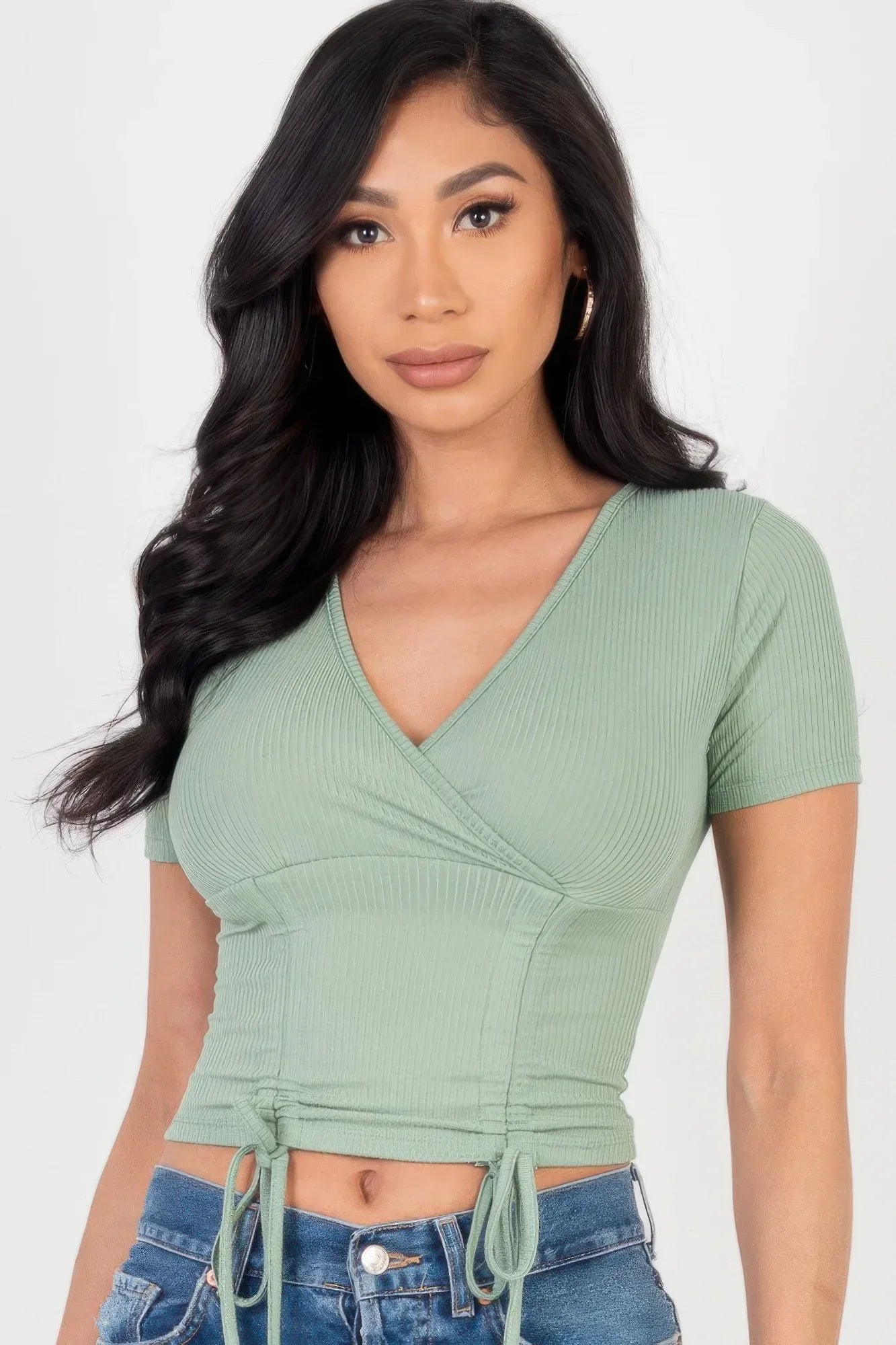Ribbed Ruched Drawstring Surplice Top | Mixtshop LLC