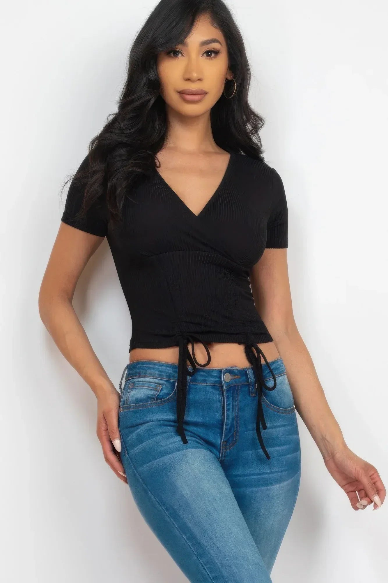 Ribbed Ruched Drawstring Surplice Top | Mixtshop LLC