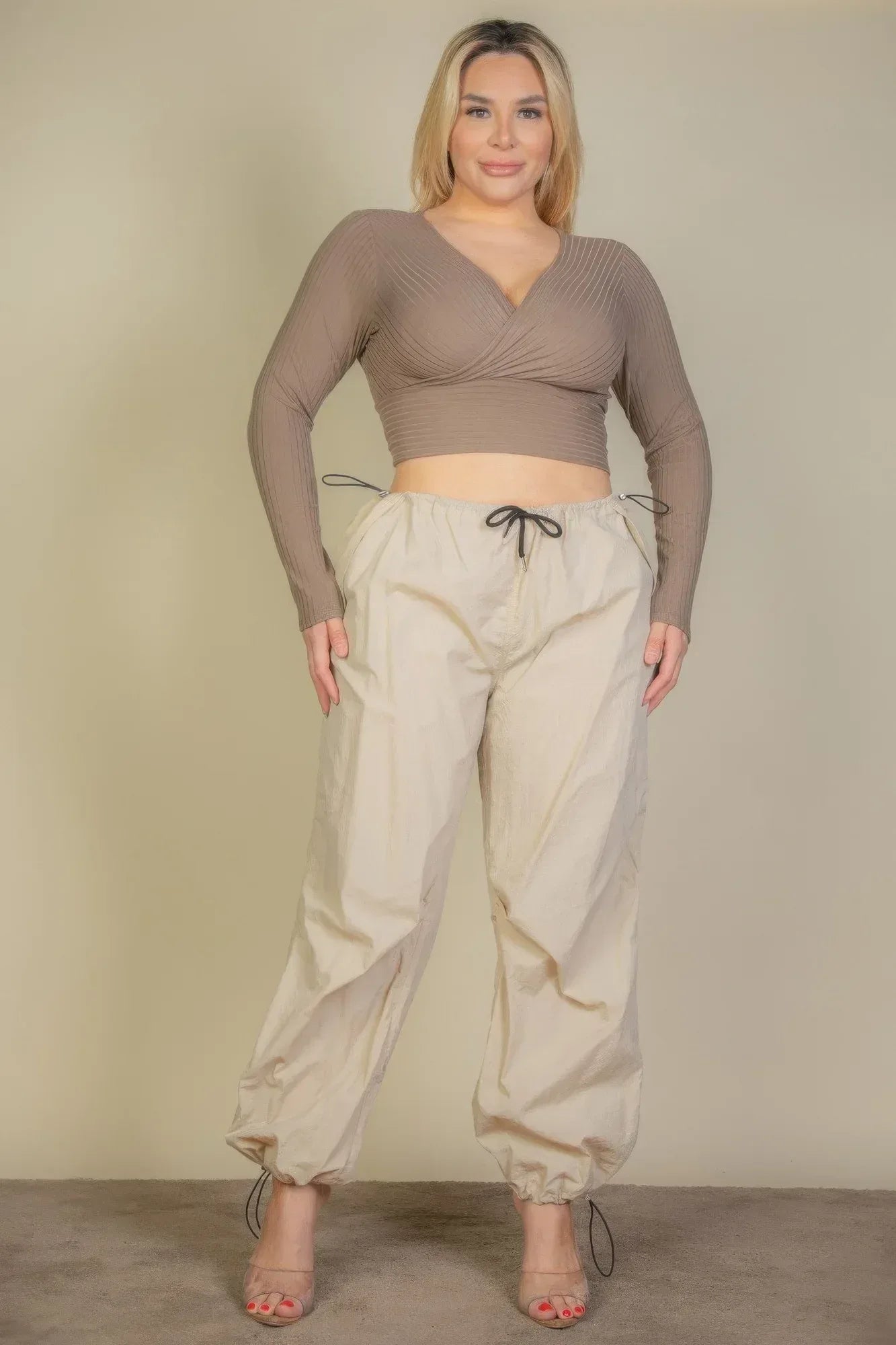 Plus Size Ribbed Wrap Front Long Sleeve Top | Mixtshop LLC