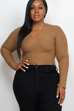 Plus Size Ribbed Wrap Front Long Sleeve Top | Mixtshop LLC