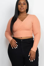 Plus Size Ribbed Wrap Front Long Sleeve Top | Mixtshop LLC
